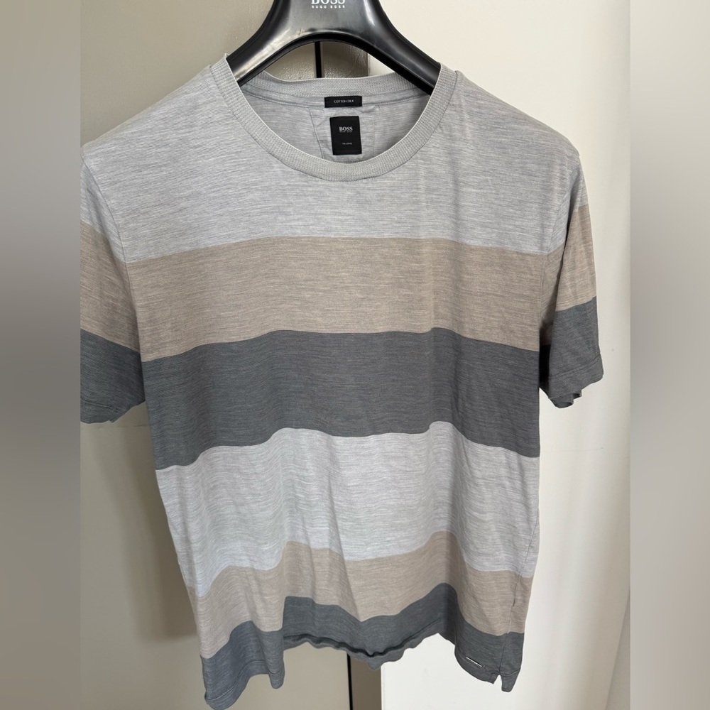 BOSS Men's Multi-Striped Gray and Brown Silk Top